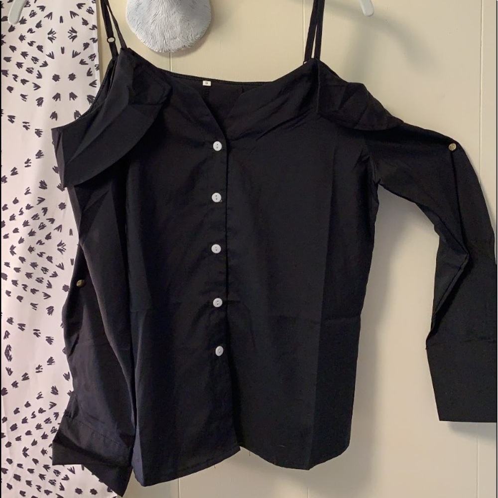 Black off the shoulder button up shirt long sleeve